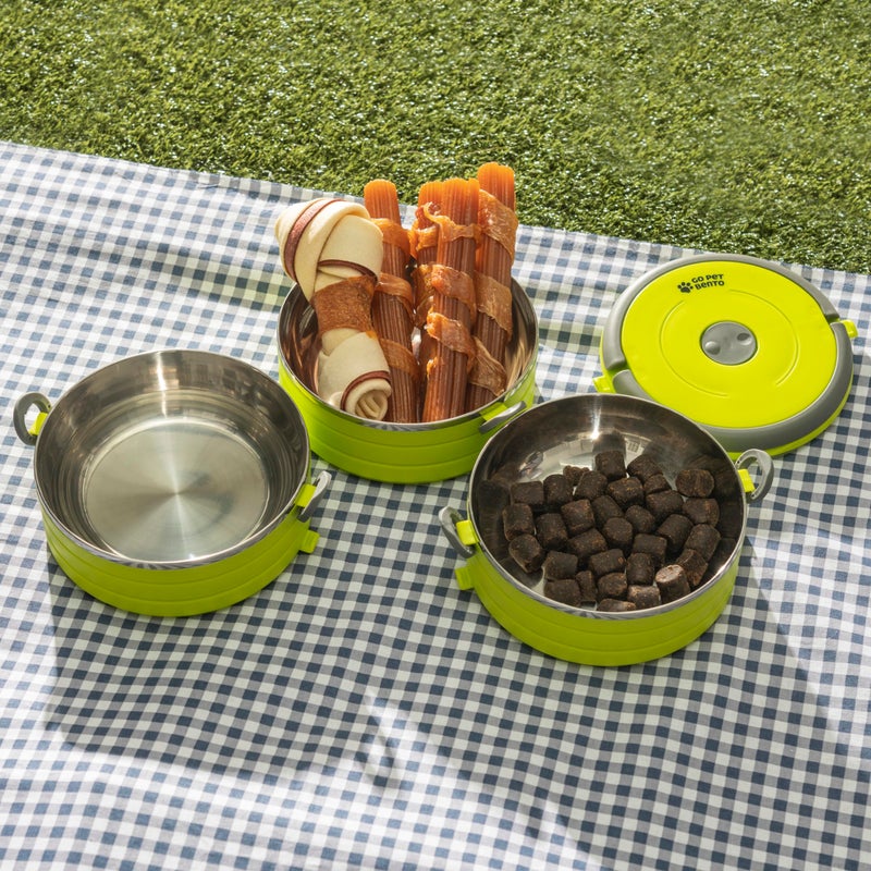 Healthy Human Travel Pet Bento Bowls - Human-Grade Stainless Steel & BPA-Free, Leak-Proof Water & Food Container Set for Dogs & Cats, 3-Pack Interlocking Bowls, Includes Spare Clips & Handle (Green) - Image 2